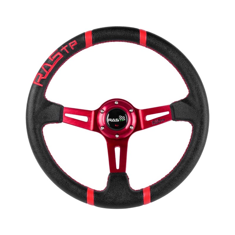 RASTP Universal Racing Steering Wheel,Deep Dish Steering Wheel Leather Embroidery 13.58â€/345mm 6 Bolts with Horn Button Include Cable, Wrench,Red - Image 1